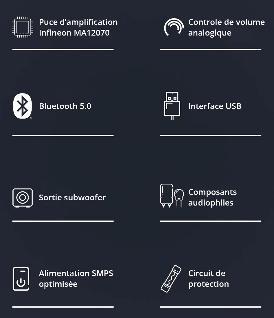 SMSL A100 Amplificateur Class D Infineon MA12070 Bluetooth 5.0 Subwoofer 2x80W 4 Ohm