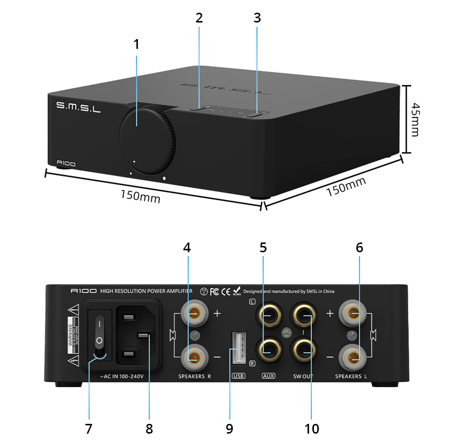 SMSL A100 Amplificateur Class D Infineon MA12070 Bluetooth 5.0 Subwoofer 2x80W 4 Ohm