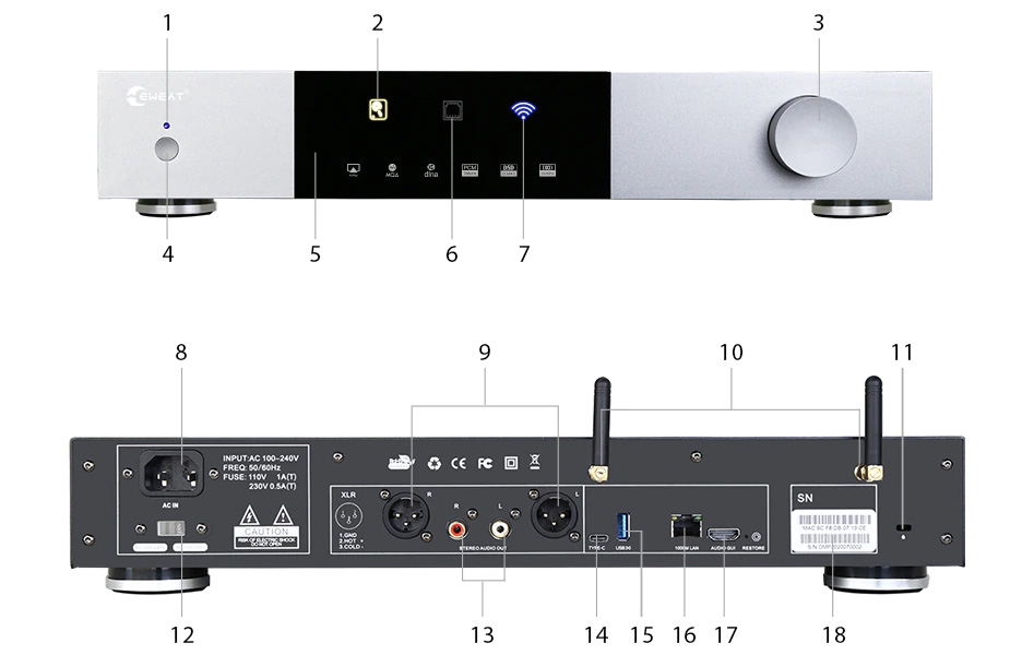 Eweat DMP20 Lecteur Réseau WiFi DLNA AirPlay Bluetooth 4.2 32bit 768kHz DSD512 MQA