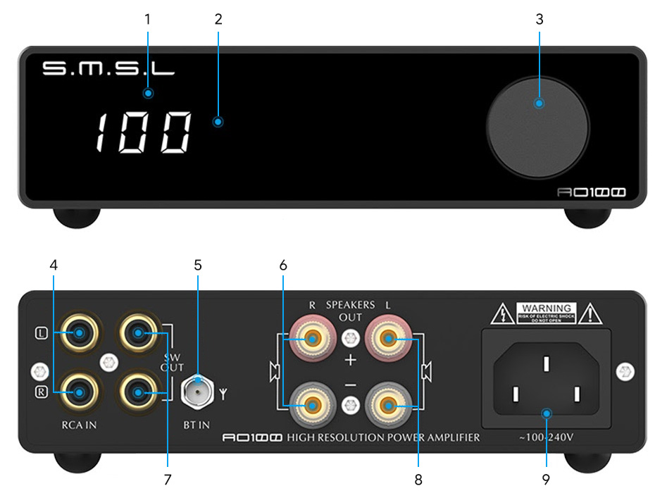 SMSL AO100 Amplificateur Class D Infineon MA12070 Bluetooth 5.0 2x70W 4Ω