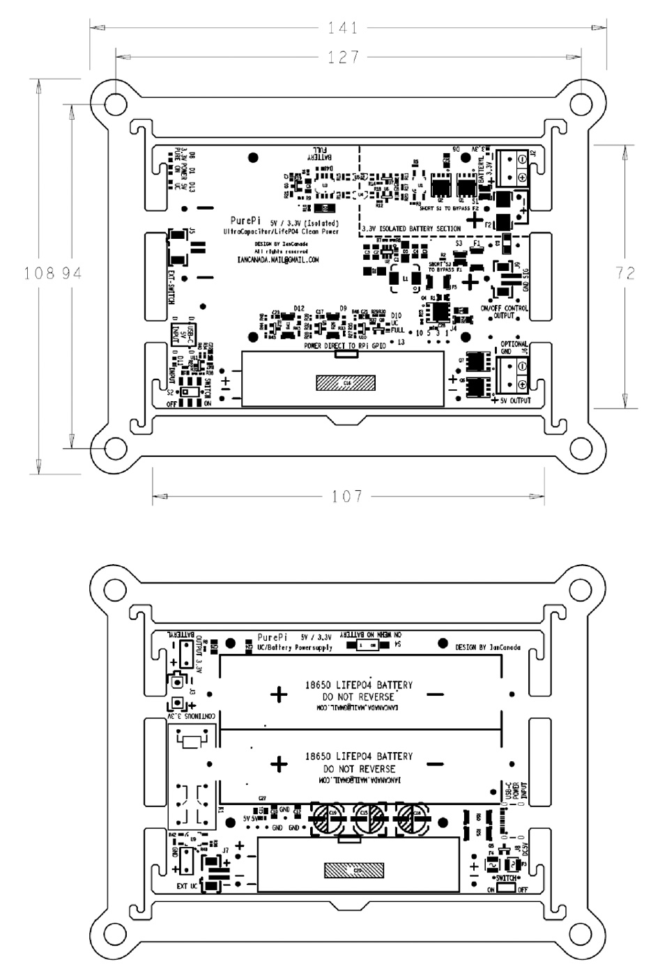 Ian Canada PurePi Module d'Alimentation Double à Supercondensateur / Batteries pour Raspberry Pi 5V / 3.3V