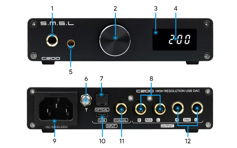 SMSL C200 DAC ES9038Q2M Bluetooth 5.0 aptX-HD LDAC 32bit 768kHz DSD512