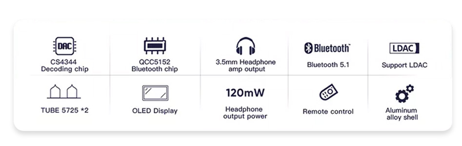 Aoshida D7 DAC CS4344 / Préamplificateur à tubes / Amplificateur casque Bluetooth 5.1 QCC5152 LDAC