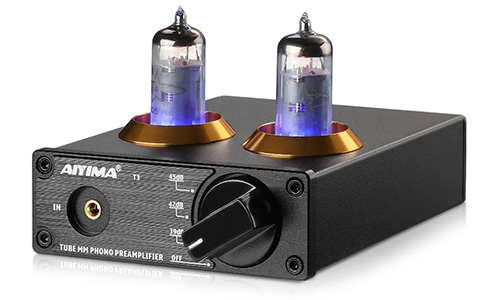 Aiyima Tube-T3 Préamplificateur Phono MM à Tubes 2x 6A2 Noir