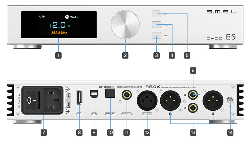 SMSL D400ES DAC ES9039MSPro XMOS XU316 11x OPA1612 Bluetooth 5.0 aptX HD LDAC 32bit 768kHz DSD512 MQA