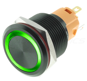 LB Interrupteur Aluminium avec Cercle Lumineux Vert 9-24V Ø16mm Noir