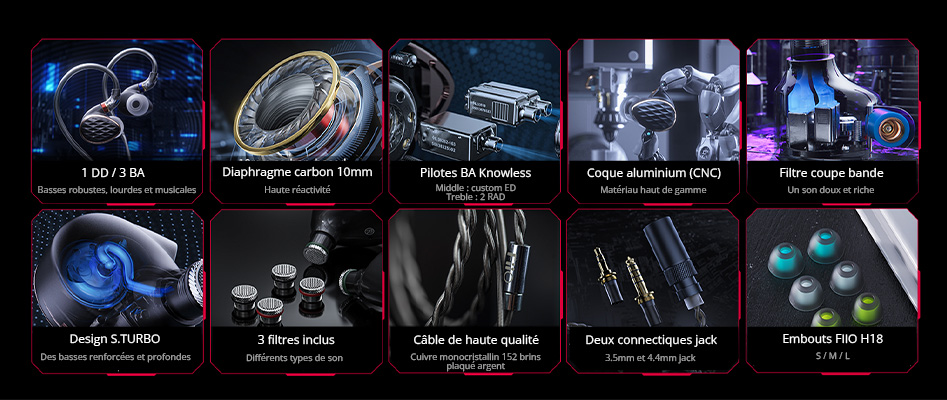 FIIO FH15 Écouteurs Intra-Auriculaires IEM 1x Haut-Parleur Dynamique / 3x Haut-Parleurs armature équilibrée 16 Ohm