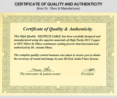 Certificat d'authenticité Neotech
