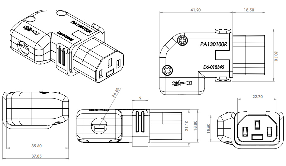 IEC Lock L/R Connecteur IEC C13 verrouillable coudé plat 250V 15A Ø8mm