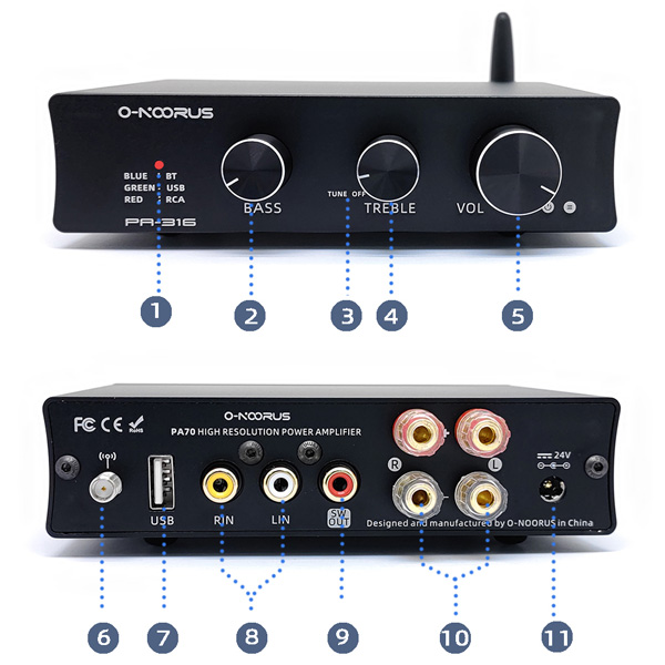 O-Noorus PA-316 Amplificateur Class D 2x TPA3116D2 Bluetooth 5.0 2x60W 4 Ohm