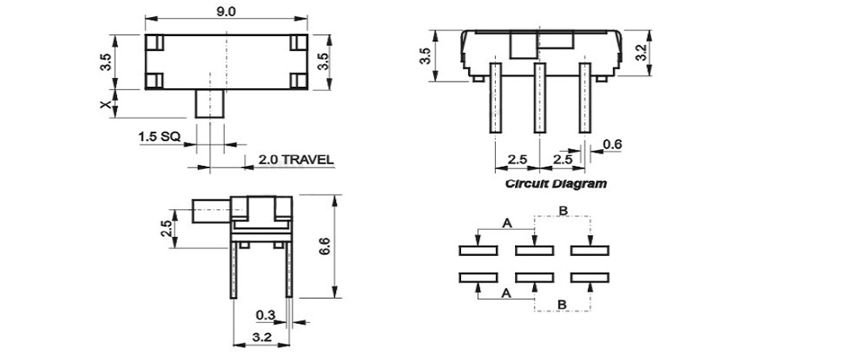 2 Poles 2 Positions Toggle Switch 250V 1.5A