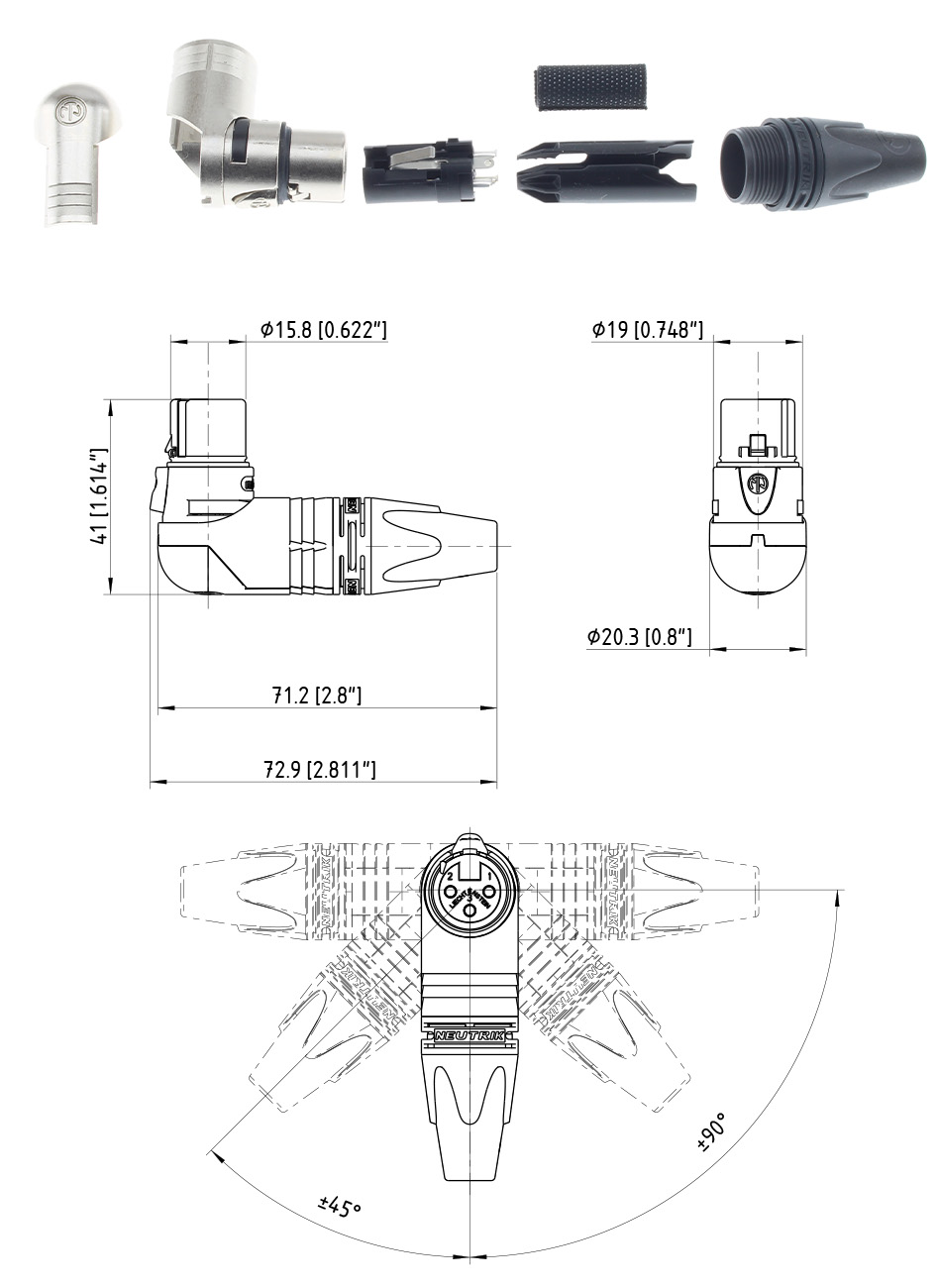 NEUTRIK NC3FRX Connecteur XLR Femelle 3 Pôles Coudé 90° Plaqué Argent Ø8mm (Unité)