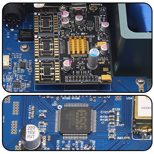 Photo de la puce DAC ES9039SPRO et de l'interface USB XMOS XU216 du VEZZOSO X36