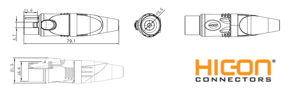 Dimensions of the HICON HI-X3CF-HD-B connector