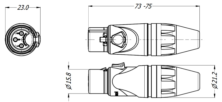 AMPHENOL AXX3F Female 3 Poles XLR Connector Ø8mm : Dimensions