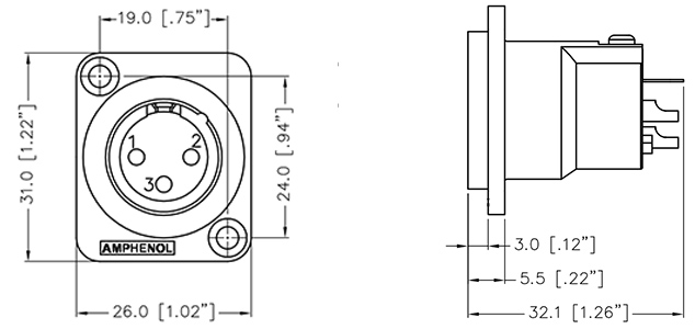 AMPHENOL AC3MMDZ Embase XLR 3 Pôles Mâle Plaqué Argent : Dimensions