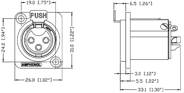 AMPHENOL AC3FDZ 3 Poles Female XLR Socket : Dimensions