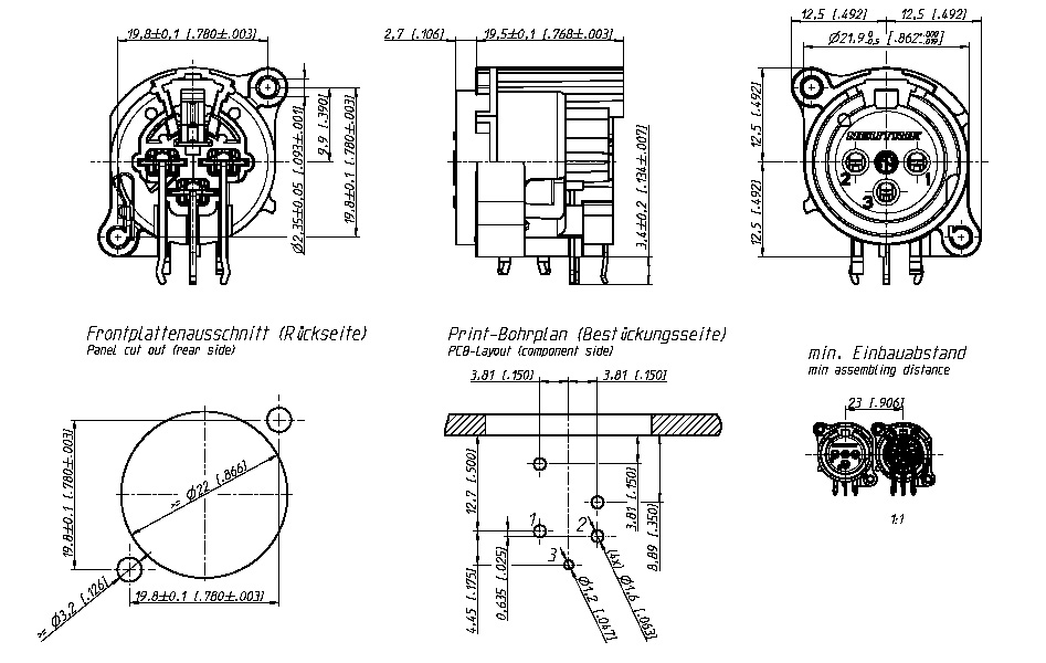 NEUTRIK NC3FAAH-0 XLR PCB connector dimensions