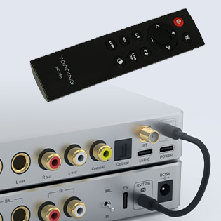 Photo of TOPPING D50 III's remote control and 12V trigger connectors