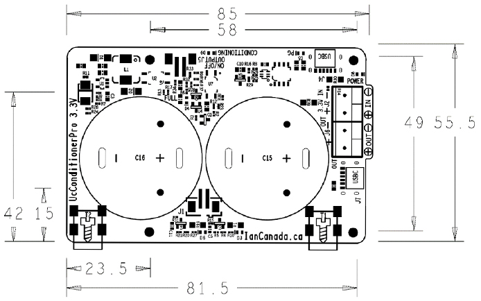 IAN CANADA UCCONDITIONER PRO Conditionneur de Signaux à Supercondensateurs 3.3V : Dimensions