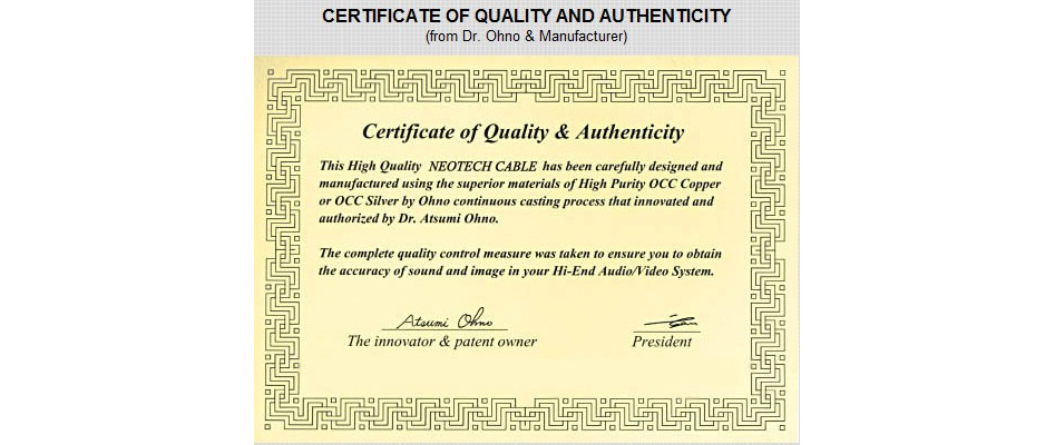 Certificate of quality and authenticity