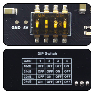 Photo of TinySine TSA8802D module gain adjustment via DIP switch