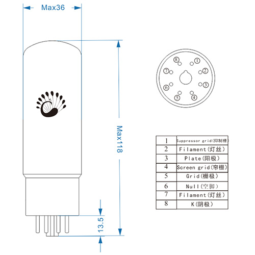 PSVANE UK-EL34 Power Vacuum Tube Pentode : Dimensions