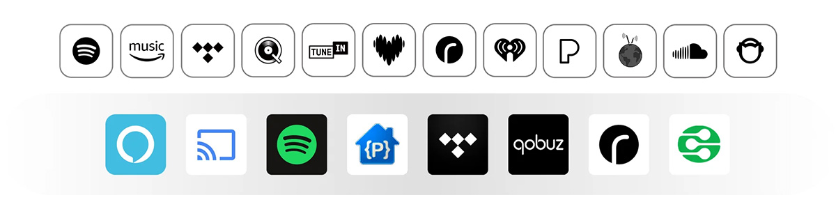 WiiM Amp Ultra: Logos for streaming services and protocols