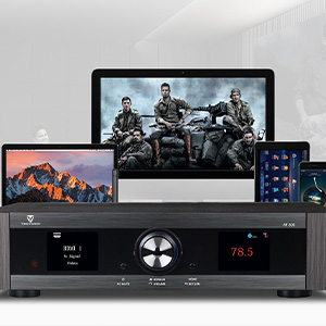 Tonewinner AT-500 accompanied by a tablet, a television and a smartphone