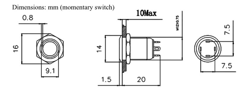  Dimensions kit de boutons
