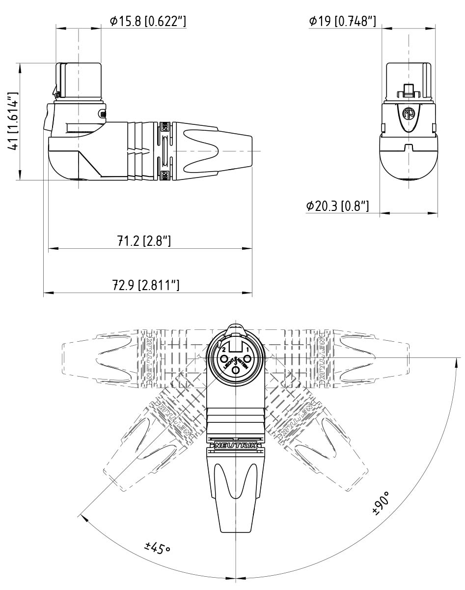 Dimensions of the NEUTRIK NC3FRX-B