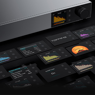 Image of the Topping Pre900 and its various screen configurations