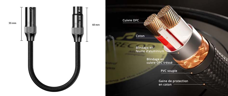 Dimensions et structure du Câble de Modulation Symétrique XLR Fosi Audio