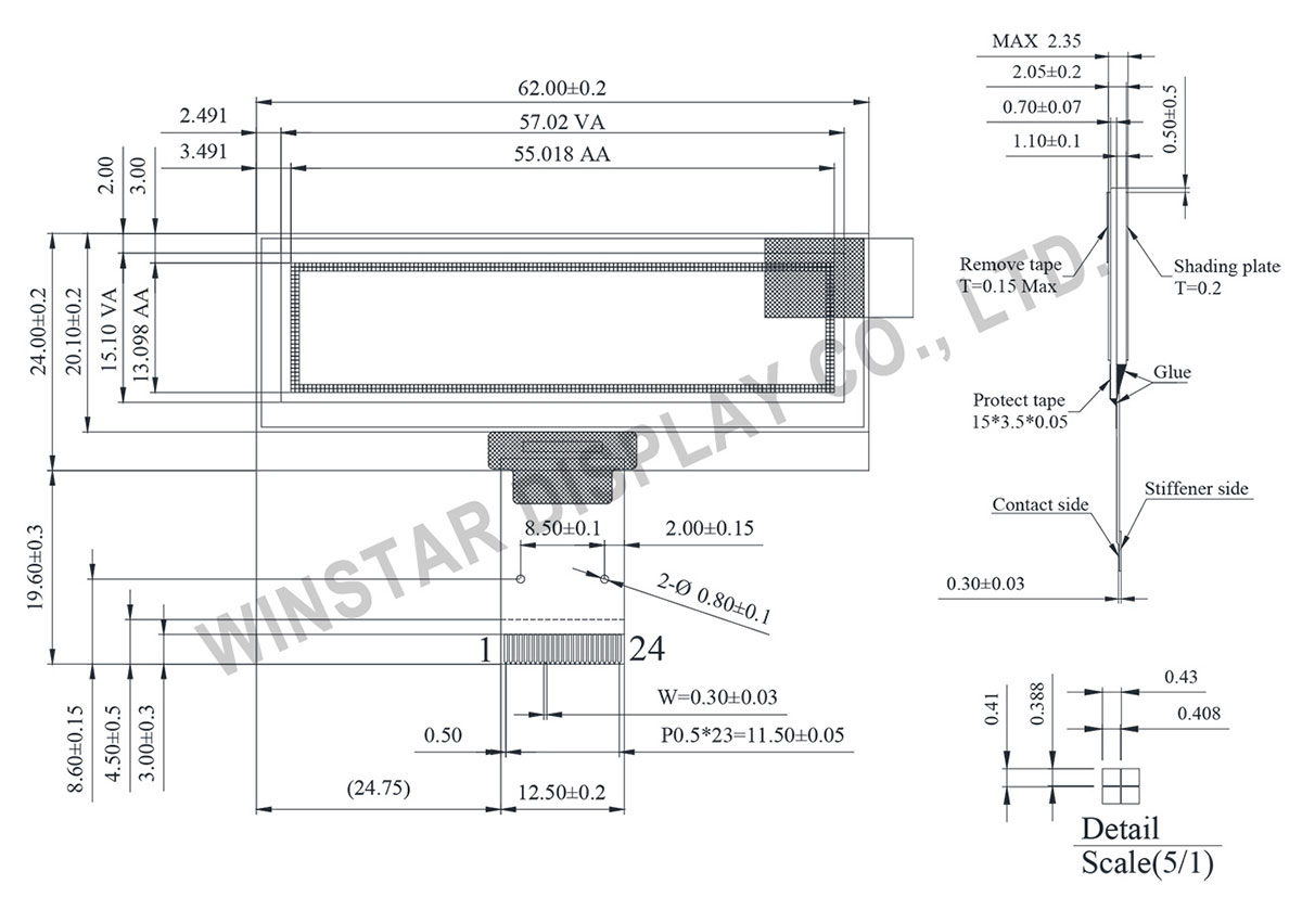 Schema dimensions écran OLED Winstar