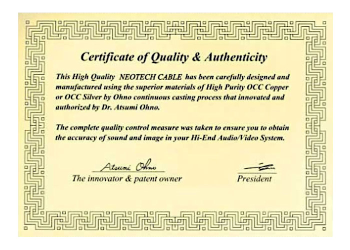 Certificat authenticité OCC Neotech