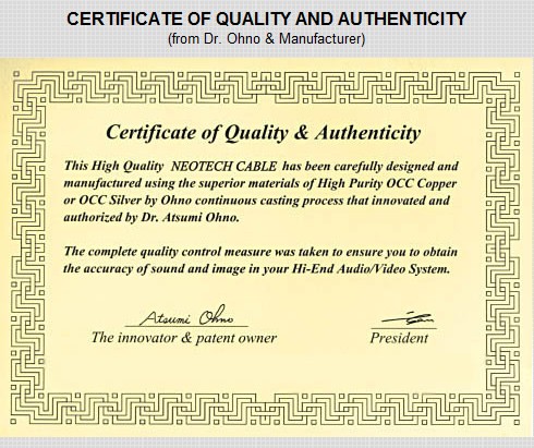 Certificat de qualité et authenticité Neotech Dr. Ohno Argent / Cuivre OCC